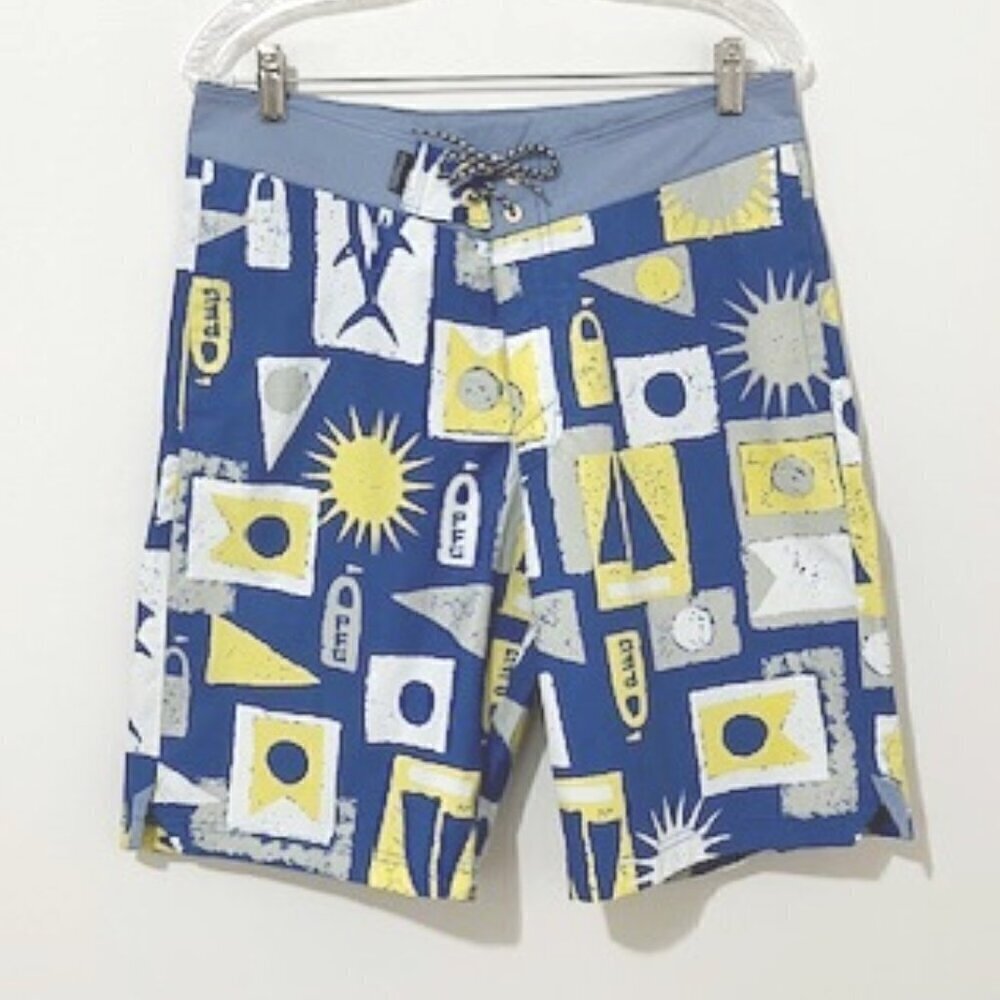 Columbia Blue and Yellow Patterned Men Swim Board Shorts